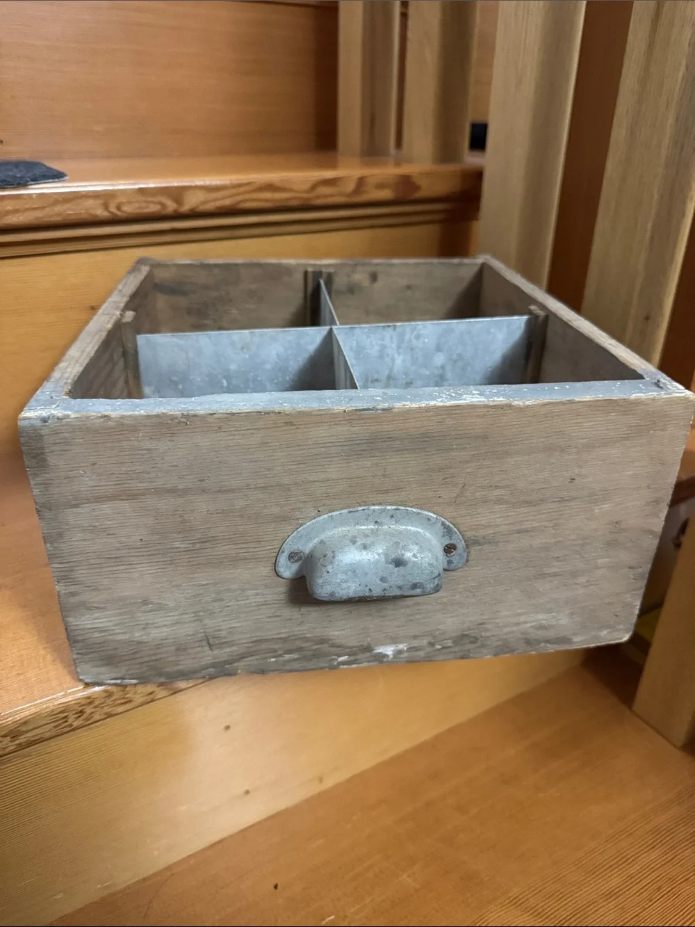 Antique Rustic Wooden Drawer with Metal Divider & pull for display repurpose